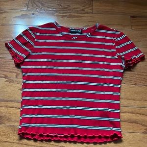 Red White and Black Striped Lettuce Hem T-Shirt